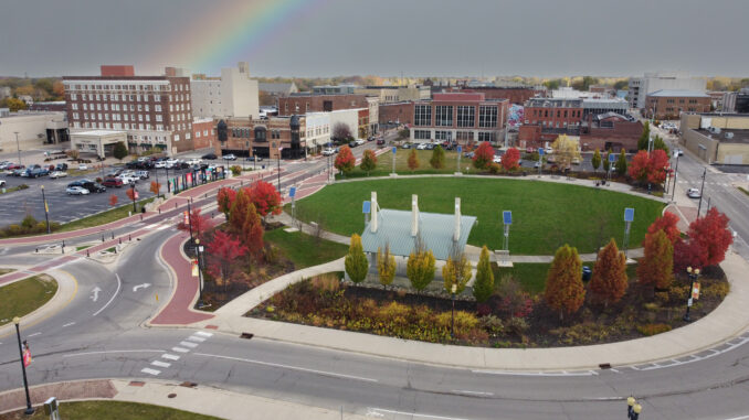 An aerial view of downtown Muncie, with Canan Commons in the foreground. Photo by Mike Rhodes