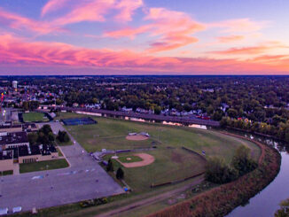 Aerial image overlooking the downtown area, Muncie Central High School, and White River. Photo by: Michael Wolfe