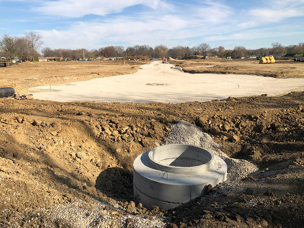 Storer Estates—This photo shows an east-west street within the property. Construction workers have been moving gravel into the designated street areas. 