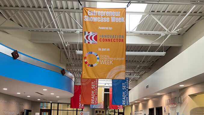 Entrepreneur Showcase Week banners greet visitors inside the lobby of the Innovation Connector. Photo provided