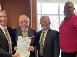 L-R: Mayor Dan Ridenour; Dr. Gray; Dr. Bird, President of IU Health Ball; Deputy Mayor Richard Ivy. Photo provided