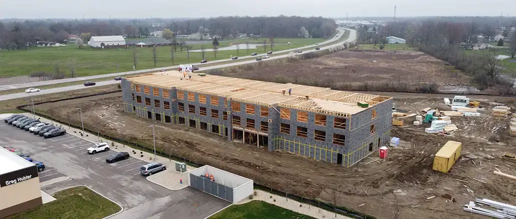 The northside Holiday Inn & Suites by the Greg Hubler automotive dealership is taking shape. Aerial photo taken by Mike Rhodes on April 1, 2024