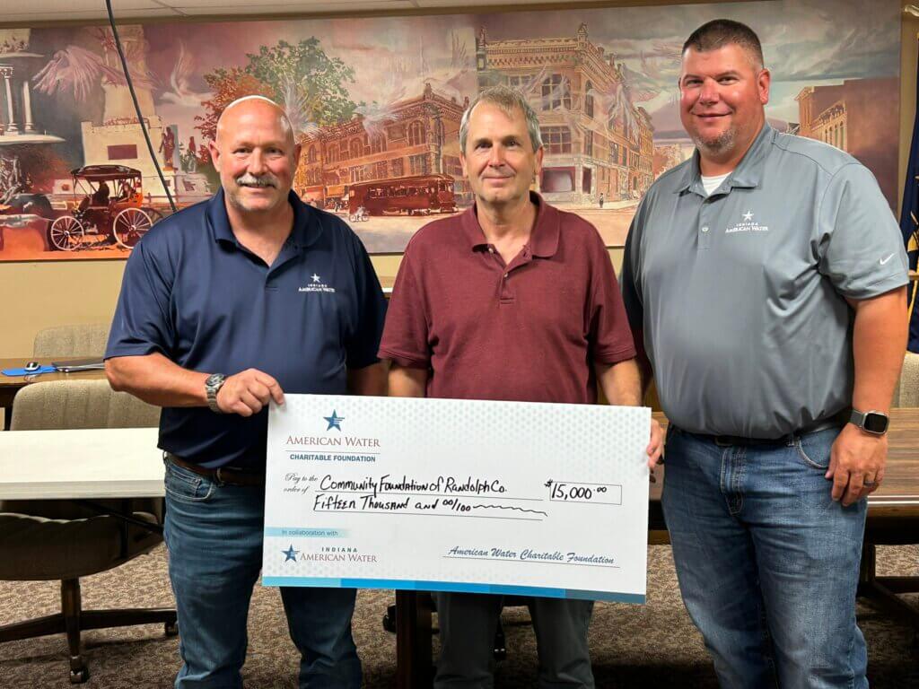 Indiana American Water presents a $15,000 donation to City of Winchester Mayor Bob McCoy (center) who accepted the grant on behalf of the Community Foundation of Randolph County. Joining Mayor McCoy is Jim Henderson, Indiana American Water’s Operations Manager (left) and Darin James, Superintendent of Operations for INAW’s Richmond-Winchester Distribution System. Photo provided