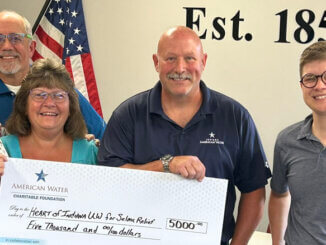 Indiana American Water presents a $5,000 donation to the Heart of Indiana United Way, the agency providing assistance to the Town of Selma in the aftermath of a spring tornado that swept through the town. Pictured (L to R): Jenny Marsh, President and CEO, Heart of Indiana United Way; Joel Reuter, External Affairs, Indiana American Water; Cindy Cox, Council Member, Town of Selma; Jim Henderson, Indiana American Water’s Operations Manager; and C.S. Hendershot, Director of Grants & Development, Heart of Indiana United Way. Photo provided