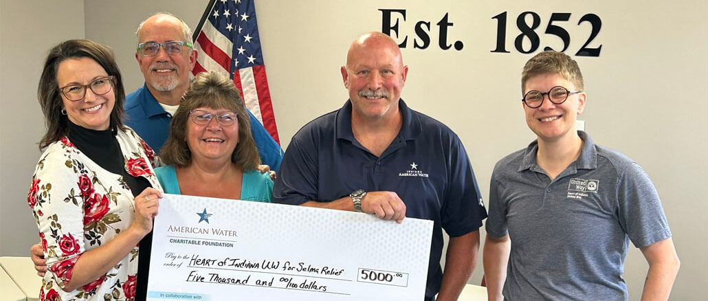 Indiana American Water presents a $5,000 donation to the Heart of Indiana United Way, the agency providing assistance to the Town of Selma in the aftermath of a spring tornado that swept through the town. Pictured (L to R): Jenny Marsh, President and CEO, Heart of Indiana United Way; Joel Reuter, External Affairs, Indiana American Water; Cindy Cox, Council Member, Town of Selma; Jim Henderson, Indiana American Water’s Operations Manager; and C.S. Hendershot, Director of Grants & Development, Heart of Indiana United Way. Photo provided