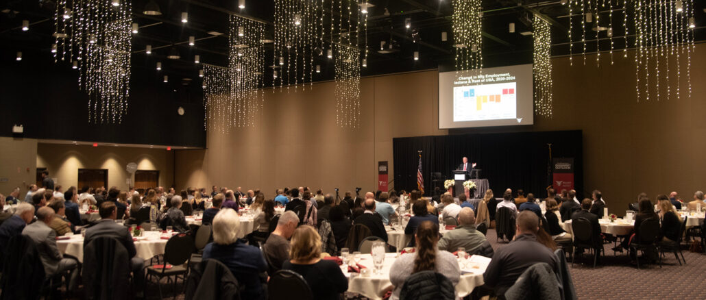 Dr. Michael Hicks shares his forecast at the 2025 Indiana Economic Outlook breakfast. The 2026 event will be held Wednesday, January 21 in downtown Muncie. Photo by Muncie Fine Portraits.